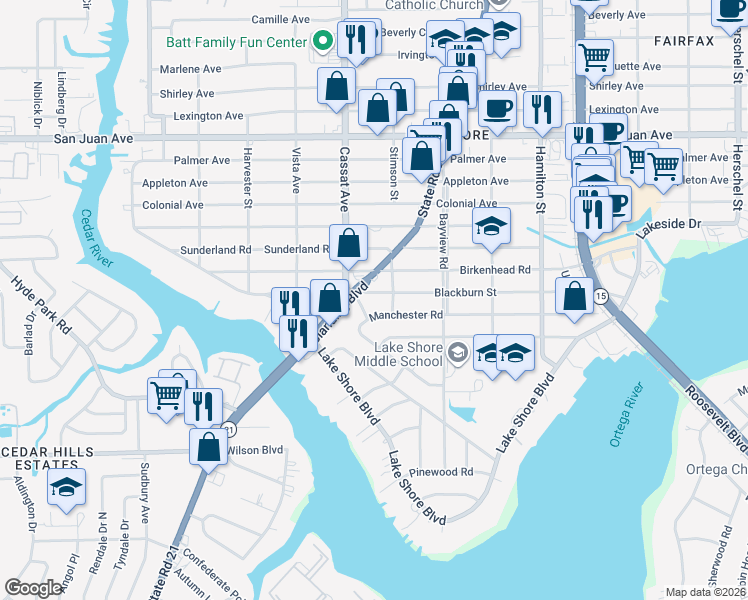 map of restaurants, bars, coffee shops, grocery stores, and more near 4820 Blackburn Street in Jacksonville