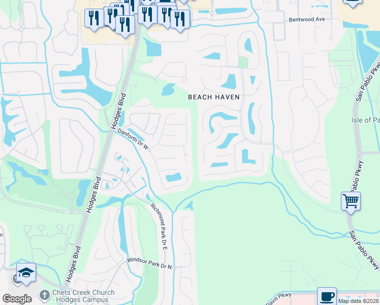 map of restaurants, bars, coffee shops, grocery stores, and more near 3841 Open Creek Court in Jacksonville