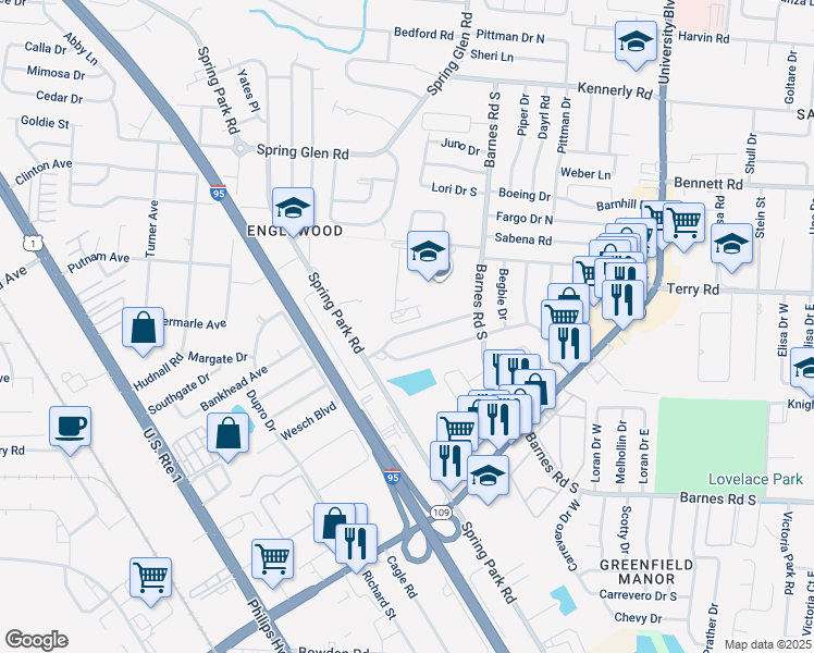 map of restaurants, bars, coffee shops, grocery stores, and more near 5239 Santa Monica Boulevard North in Jacksonville