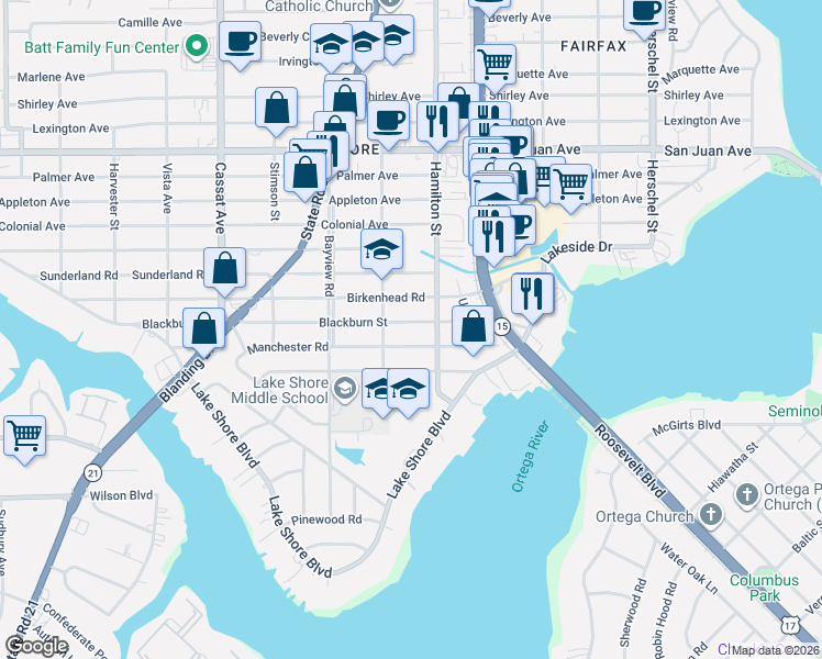 map of restaurants, bars, coffee shops, grocery stores, and more near 4534 Blackburn Street in Jacksonville