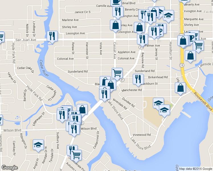 map of restaurants, bars, coffee shops, grocery stores, and more near 5052 Blackburn Street in Jacksonville