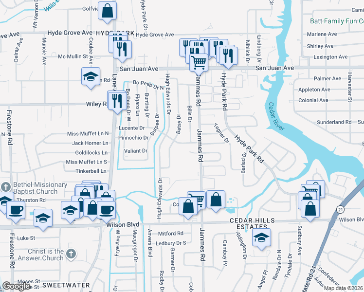 map of restaurants, bars, coffee shops, grocery stores, and more near 2313 Betsy Drive in Jacksonville