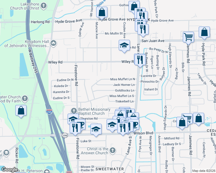 map of restaurants, bars, coffee shops, grocery stores, and more near 6946 Jack Horner Lane in Jacksonville