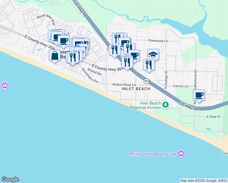 map of restaurants, bars, coffee shops, grocery stores, and more near 224 Winston Lane in Panama City Beach