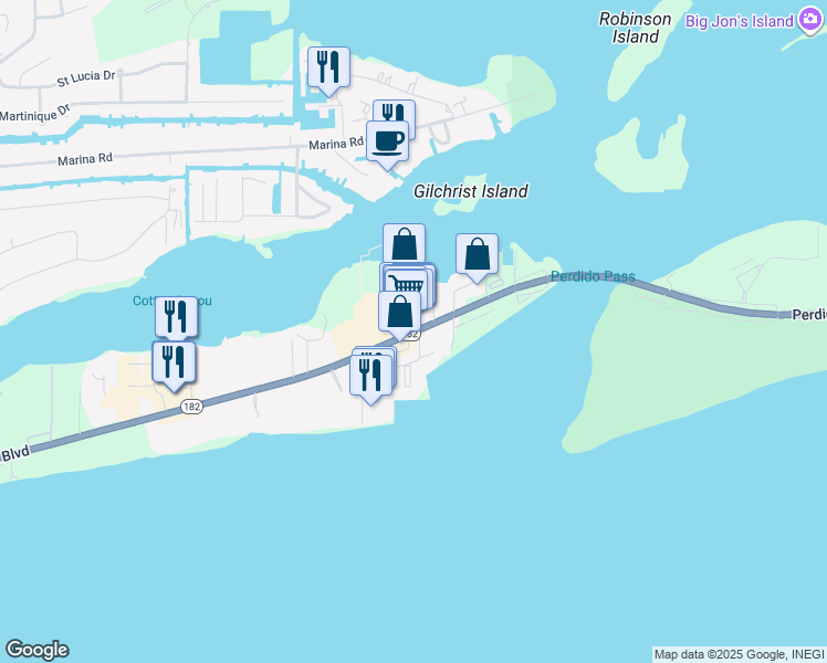 map of restaurants, bars, coffee shops, grocery stores, and more near 2720 Gulf Road in Orange Beach