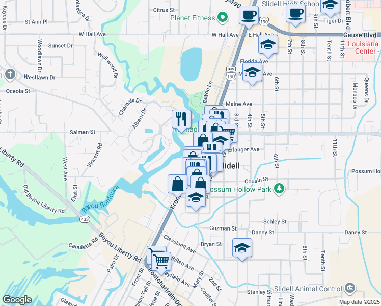 map of restaurants, bars, coffee shops, grocery stores, and more near 2046 Front Street in Slidell