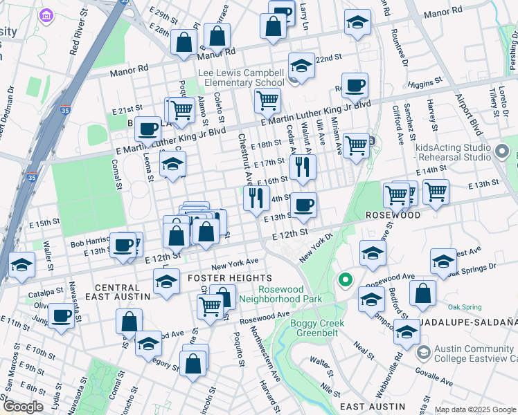 map of restaurants, bars, coffee shops, grocery stores, and more near 1307 Chestnut Avenue in Austin