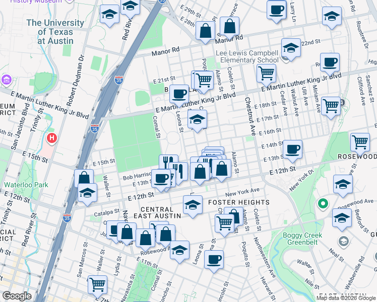 map of restaurants, bars, coffee shops, grocery stores, and more near 1407 Leona Street in Austin