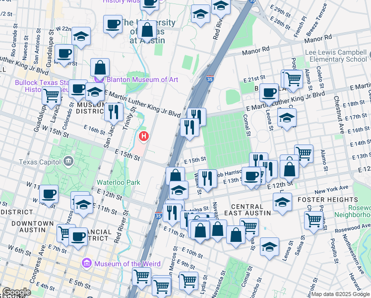 map of restaurants, bars, coffee shops, grocery stores, and more near 901 East 16th Street in Austin