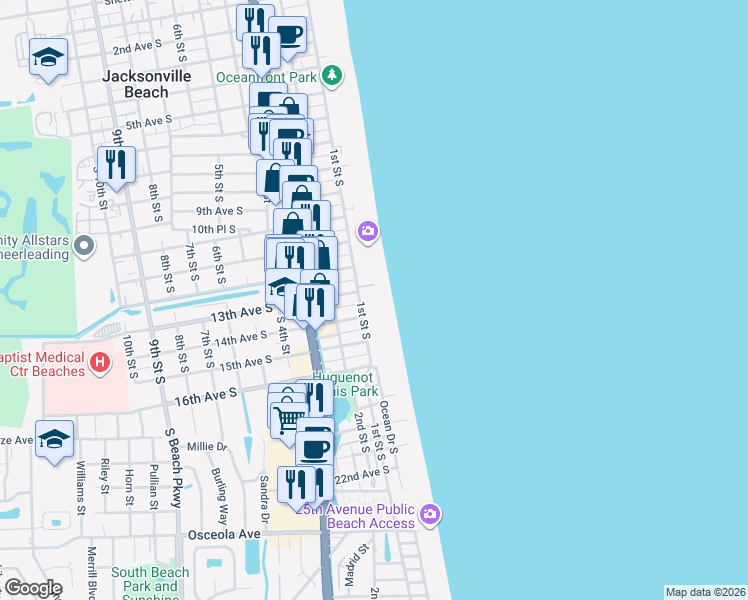 map of restaurants, bars, coffee shops, grocery stores, and more near 1312 Ocean Front South in Jacksonville Beach