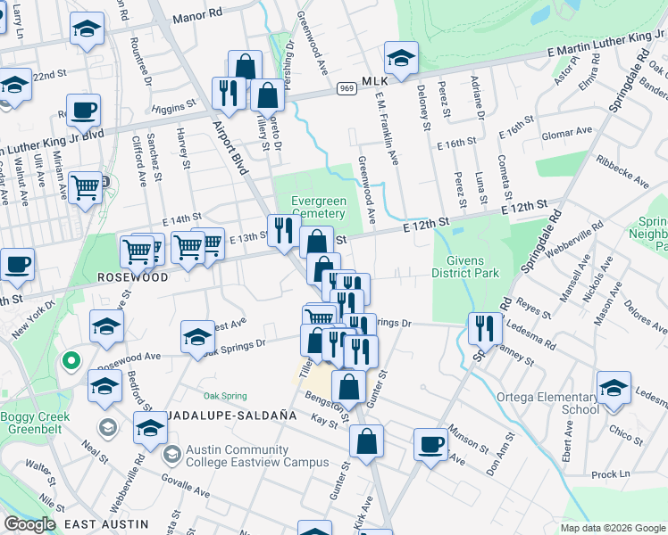 map of restaurants, bars, coffee shops, grocery stores, and more near 1185 Ridge Dr in Austin