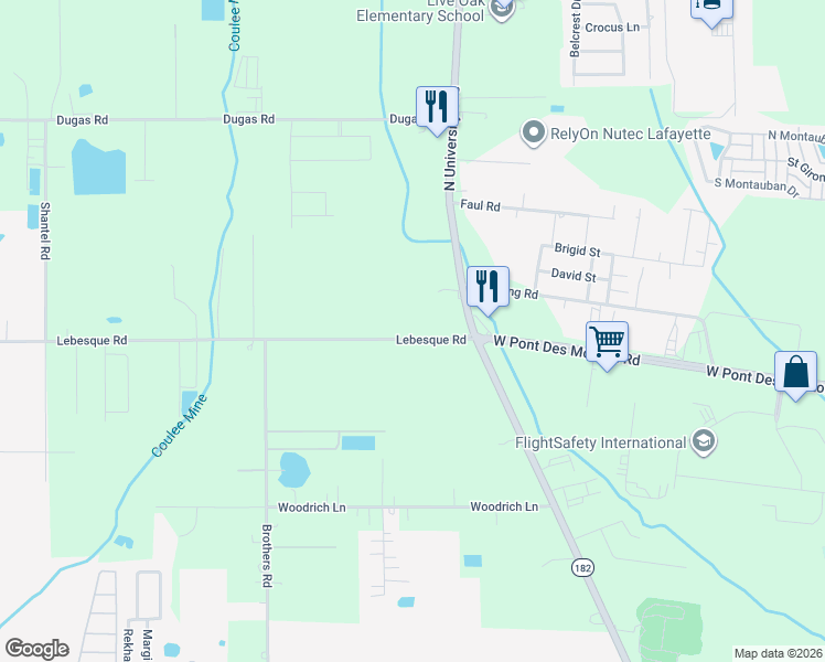 map of restaurants, bars, coffee shops, grocery stores, and more near 126 Lebesque Road in Lafayette
