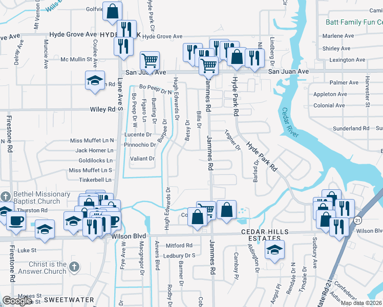 map of restaurants, bars, coffee shops, grocery stores, and more near 2313 Betsy Drive in Jacksonville