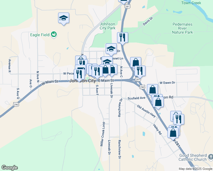 map of restaurants, bars, coffee shops, grocery stores, and more near 305 East Elm Street in Johnson City