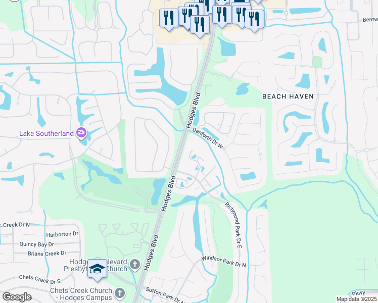 map of restaurants, bars, coffee shops, grocery stores, and more near 13700 Richmond Park Drive North in Jacksonville
