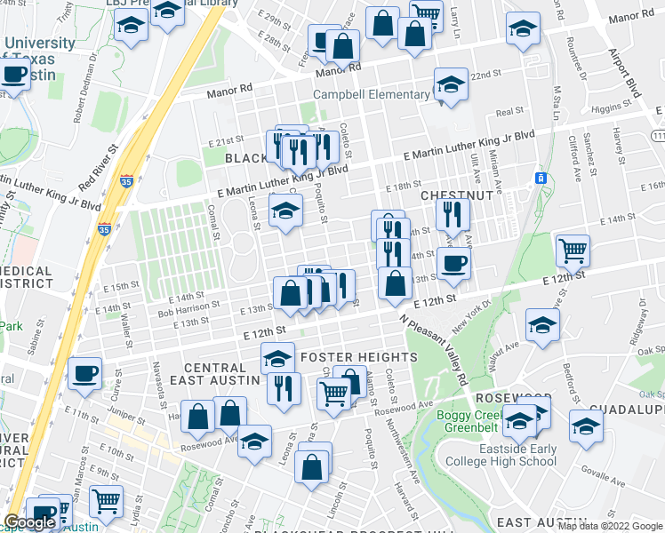 map of restaurants, bars, coffee shops, grocery stores, and more near 2000 East 14th Street in Austin