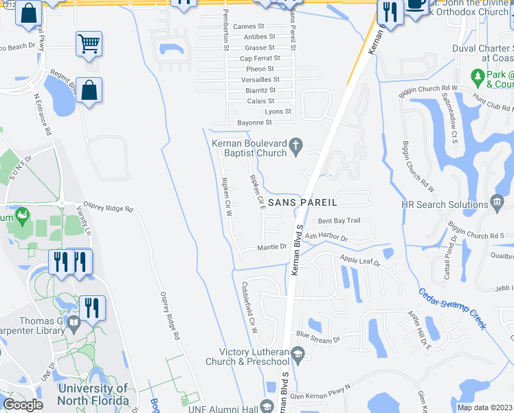 map of restaurants, bars, coffee shops, grocery stores, and more near 4288 Ripken Circle East in Jacksonville