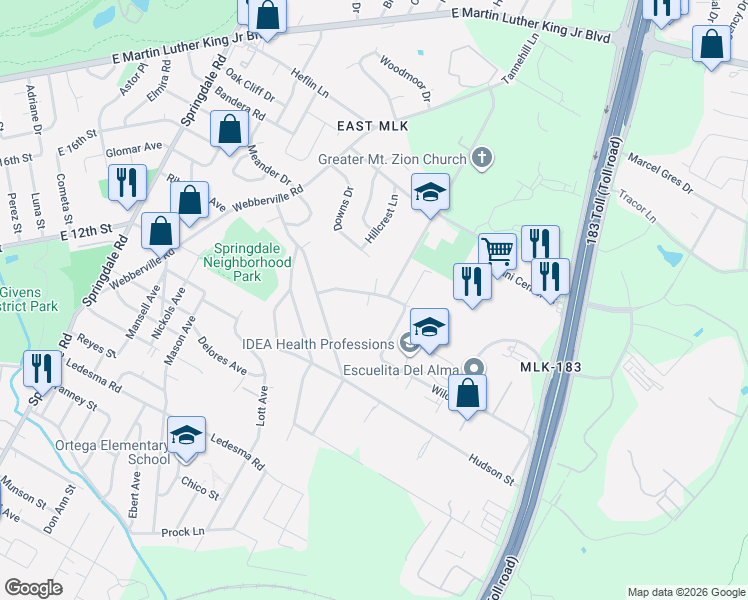 map of restaurants, bars, coffee shops, grocery stores, and more near 5519 Jackie Robinson Street in Austin