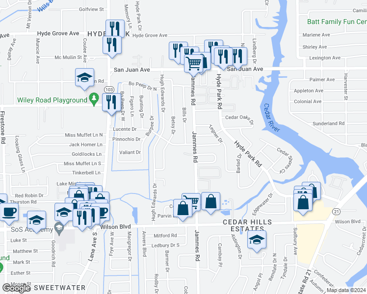 map of restaurants, bars, coffee shops, grocery stores, and more near 6430 Lucente Drive in Jacksonville