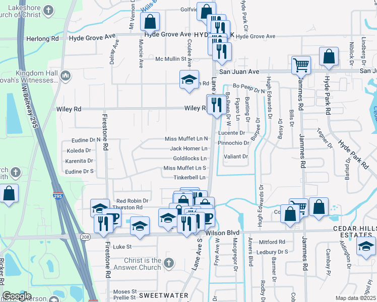 map of restaurants, bars, coffee shops, grocery stores, and more near 6804 Jack Horner Lane in Jacksonville
