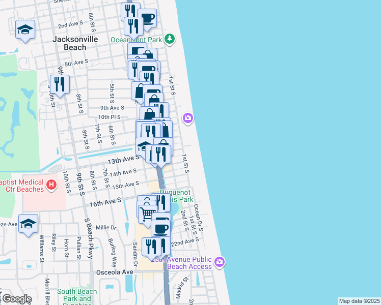 map of restaurants, bars, coffee shops, grocery stores, and more near 1312 Ocean Front South in Jacksonville Beach