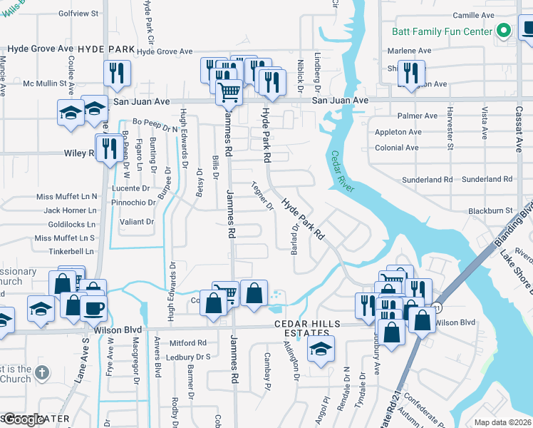 map of restaurants, bars, coffee shops, grocery stores, and more near 6310 Badnur Drive in Jacksonville