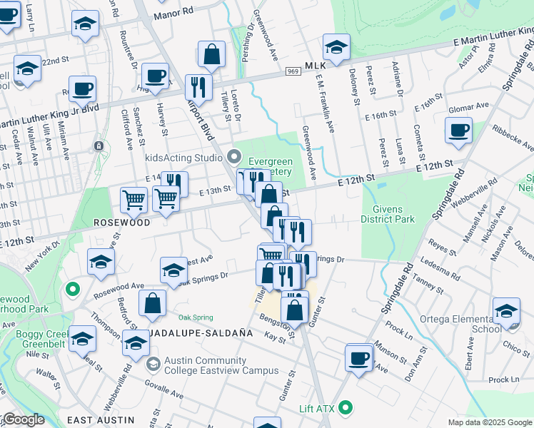 map of restaurants, bars, coffee shops, grocery stores, and more near 1187 Airport Boulevard in Austin