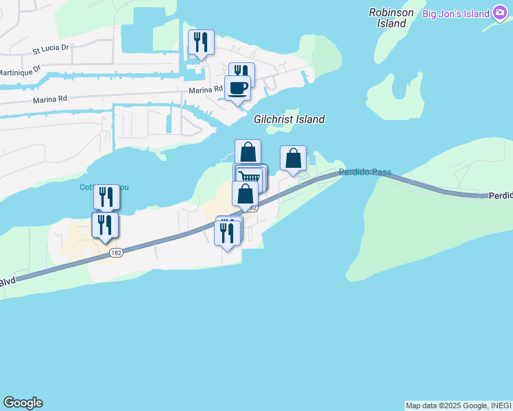map of restaurants, bars, coffee shops, grocery stores, and more near 2720 Gulf Road in Orange Beach