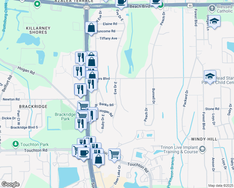 map of restaurants, bars, coffee shops, grocery stores, and more near 3905 Eve Drive East in Jacksonville