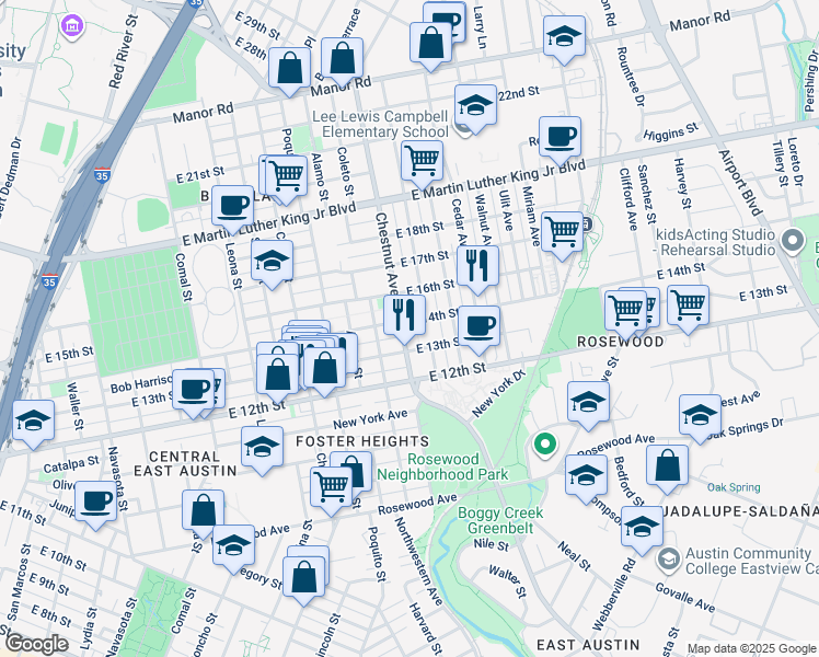 map of restaurants, bars, coffee shops, grocery stores, and more near 1307 Chestnut Avenue in Austin