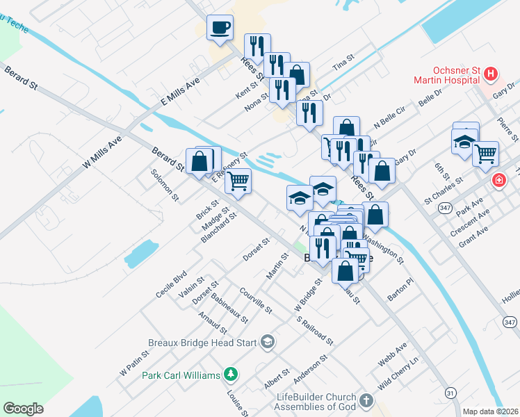 map of restaurants, bars, coffee shops, grocery stores, and more near 421 North Main Street in Breaux Bridge