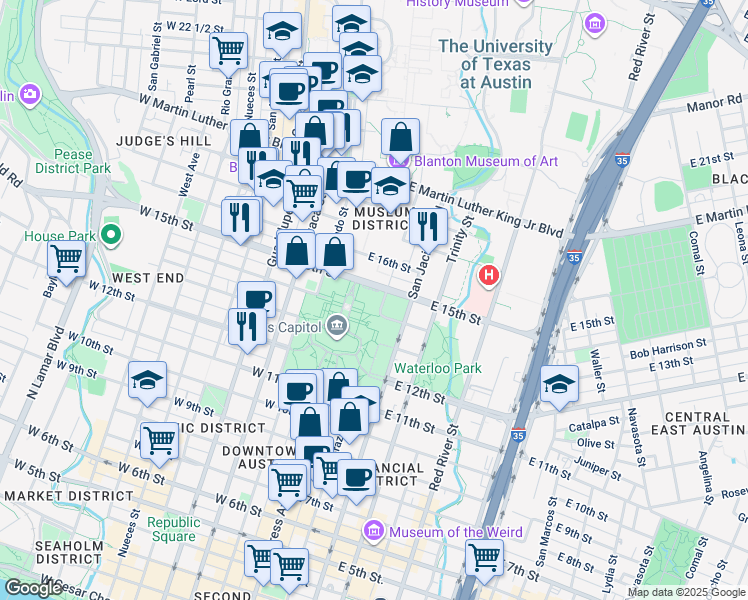 map of restaurants, bars, coffee shops, grocery stores, and more near 101 West 15th Street in Austin