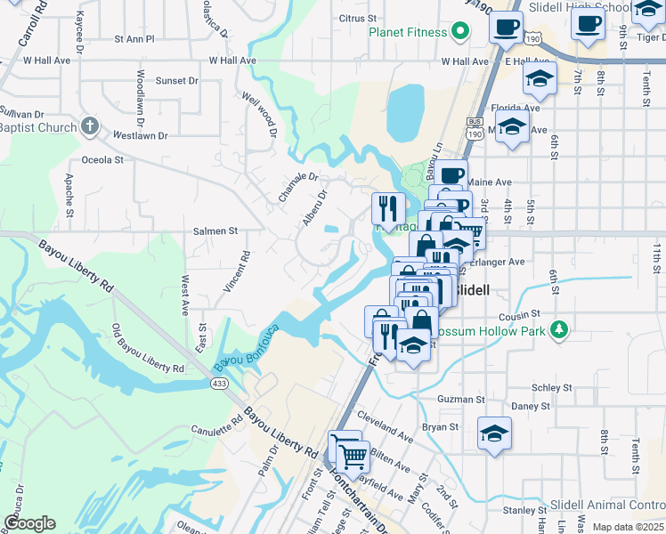 map of restaurants, bars, coffee shops, grocery stores, and more near 87 Marina Drive in Slidell