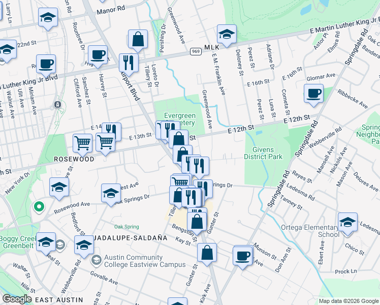 map of restaurants, bars, coffee shops, grocery stores, and more near 1185 Ridge Drive in Austin