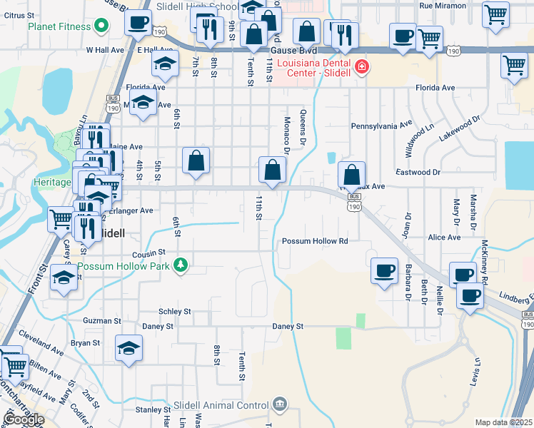 map of restaurants, bars, coffee shops, grocery stores, and more near 2120 11th Street in Slidell