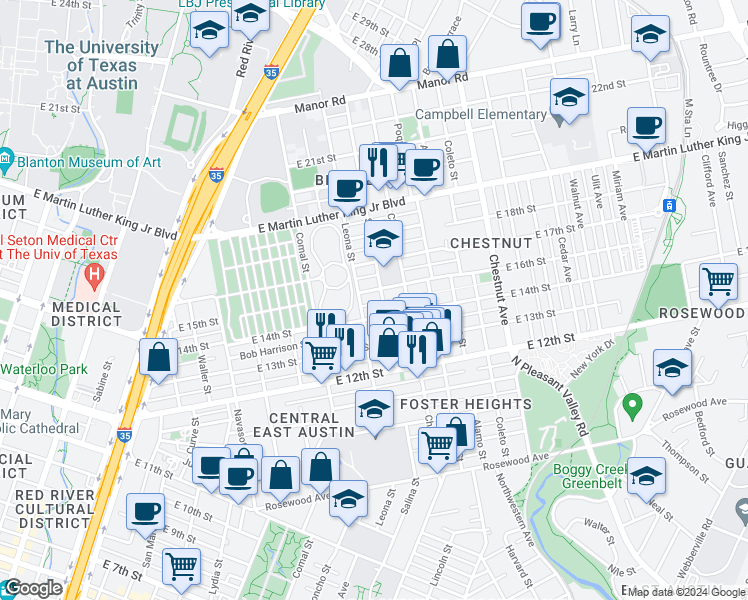 map of restaurants, bars, coffee shops, grocery stores, and more near 1707 East 16th Street in Austin
