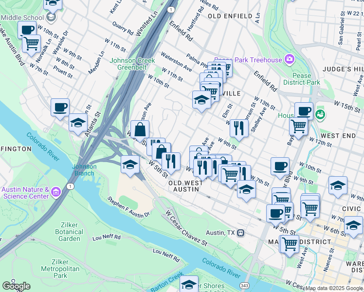 map of restaurants, bars, coffee shops, grocery stores, and more near 610 West Lynn Street in Austin