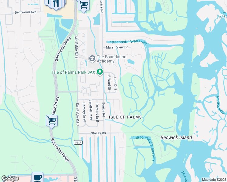 map of restaurants, bars, coffee shops, grocery stores, and more near 3879 South Luth Drive in Jacksonville