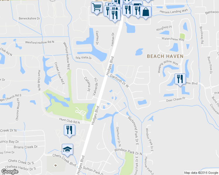 map of restaurants, bars, coffee shops, grocery stores, and more near 13700 Richmond Park Drive North in Jacksonville