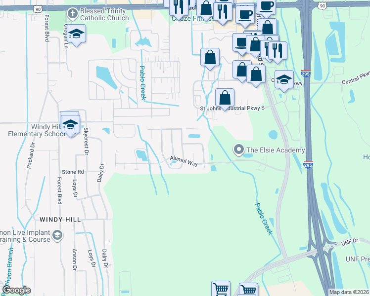map of restaurants, bars, coffee shops, grocery stores, and more near 3846 Union Pacific Drive East in Jacksonville