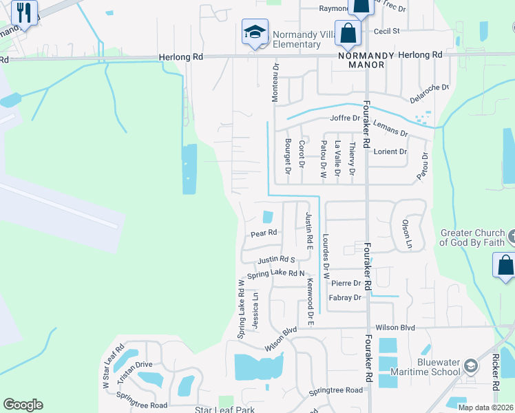 map of restaurants, bars, coffee shops, grocery stores, and more near 8224 Justin Road North in Jacksonville