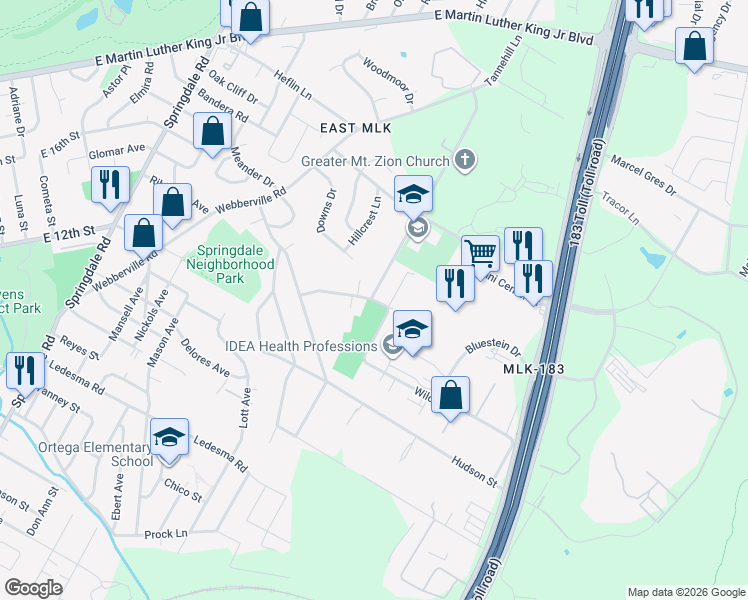 map of restaurants, bars, coffee shops, grocery stores, and more near 1312 Axel Lane in Austin