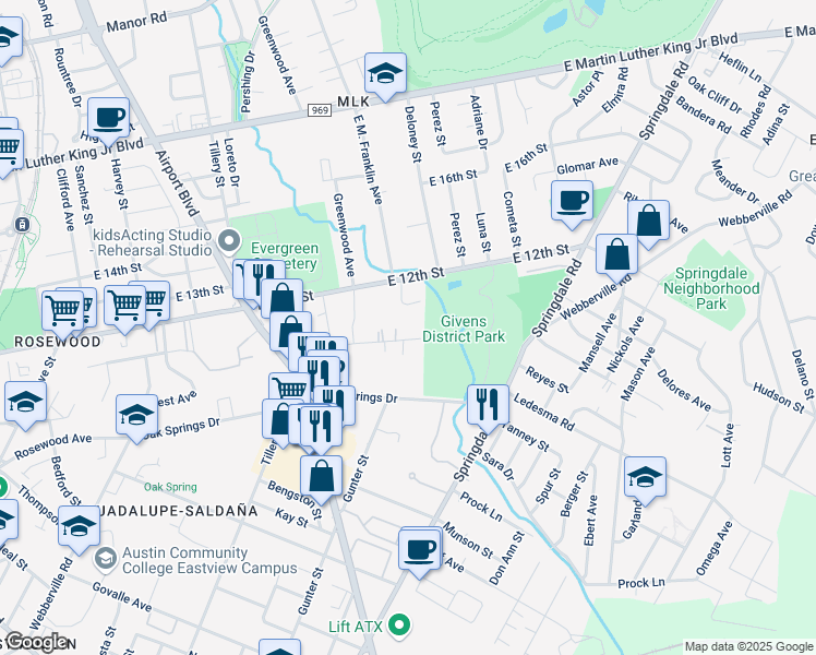 map of restaurants, bars, coffee shops, grocery stores, and more near 3616 Pennsylvania Avenue in Austin