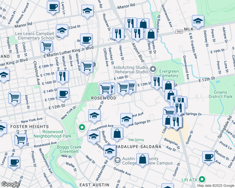 map of restaurants, bars, coffee shops, grocery stores, and more near 2927 East 12th Street in Austin