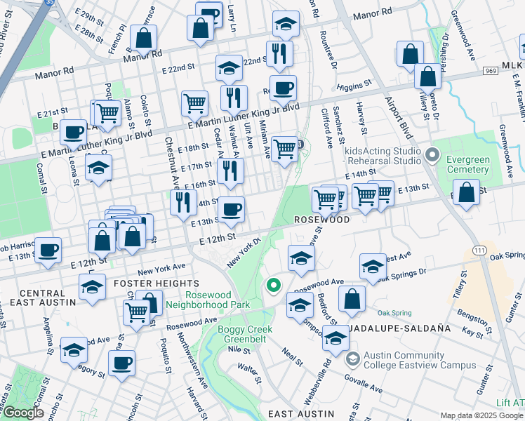 map of restaurants, bars, coffee shops, grocery stores, and more near 2709 East 13th Street in Austin