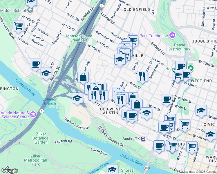 map of restaurants, bars, coffee shops, grocery stores, and more near 606 West Lynn Street in Austin