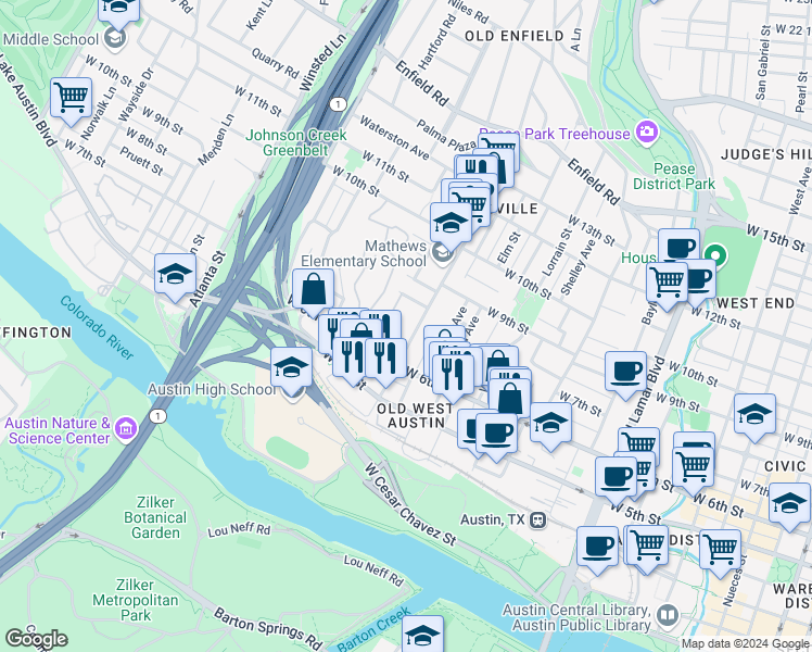 map of restaurants, bars, coffee shops, grocery stores, and more near 610 West Lynn Street in Austin
