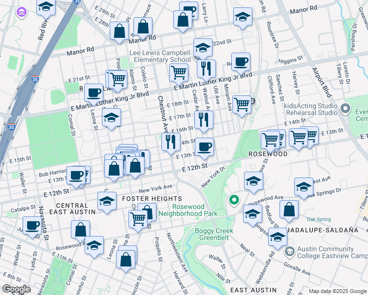 map of restaurants, bars, coffee shops, grocery stores, and more near 2401 East 14th Street in Austin