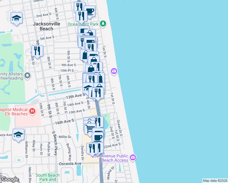 map of restaurants, bars, coffee shops, grocery stores, and more near 1301 1st Street South in Jacksonville Beach