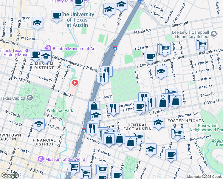 map of restaurants, bars, coffee shops, grocery stores, and more near in Austin